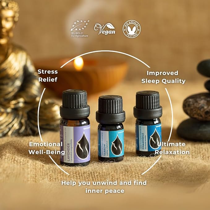 Set Relax Organic Essential Oils | Lavender (0.34 Fl Oz) + Chamomile (0.17 Fl Oz) + Yarrow (0.17 Fl Oz) | 100% Pure and Natural | Undiluted | Therapeutic Grade | Family-Owned Farm | Non-GMO | 3 pcs