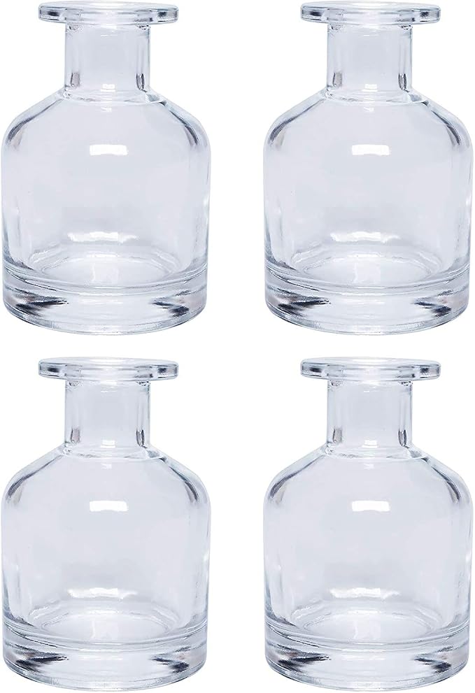 Hosley Set of 4 Glass Clear Bottles- 3.8 Inch High. Ideal Farmhouse Gift for Wedding, Party, Use with Essential Oils, Replacement Diffusers & Reed Sticks, DIY, Crafts, Spa