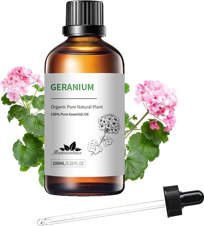 Geranium Essential Oil, Mumianhua Pure Rose Geranium Natural Oil for Outdoor Protective Barrier & Garden Freshness, Floral Aroma for Diffuser, Skin, Hair, DIY Spray – 3.38 Fl Oz