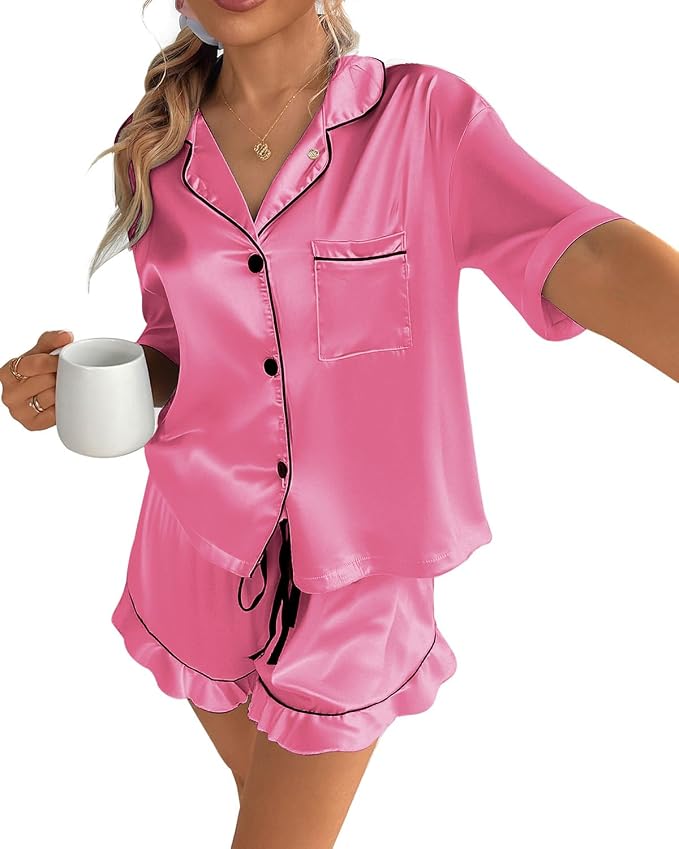 CHYRII Women's Silk Satin Pajamas Two Piece Pj Sets Short Sleeve Tops Ruffled Shorts Sleepwear with Magnetic Diffuser