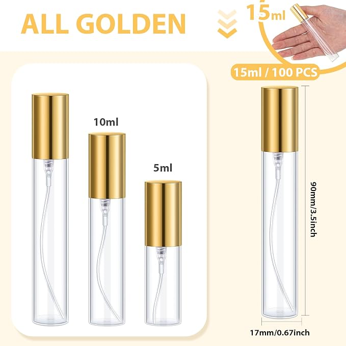 Yinder 100 Pcs 15ml Travel Spray Bottle Refillable Perfume Atomizer Bulk Glass Mini Cologne Perfume Bottles Empty Fine Mist Portable Small Sample Containers(Gold)