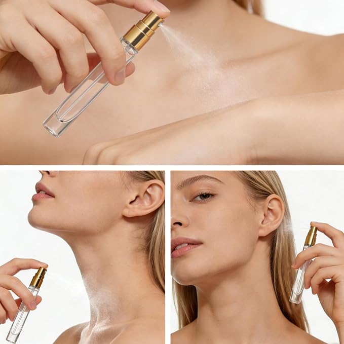 Thick Glass 5pcs 10ml 1/3oz Gold Spray Bottle Refill Perfume Hydrating Fragrance Fine Mist Atomizer Cosmetic Container Round Tube Party Makeup Tool Travel Gift Sample