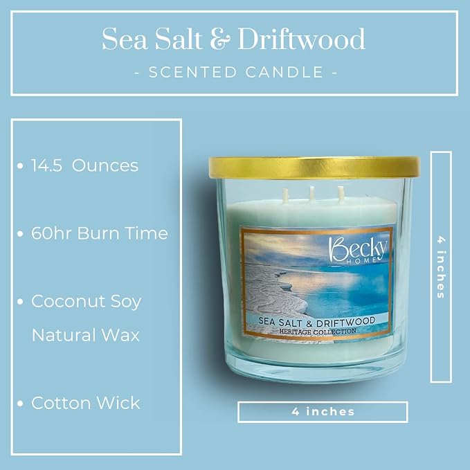 14.5oz Sea Salt Scented Candles for Home, Salt and Sea Scented Beach, 60 Hrs Soy Wax Candle for Stress Relief, House Aromatherapy Candle Gifts for Men and Women