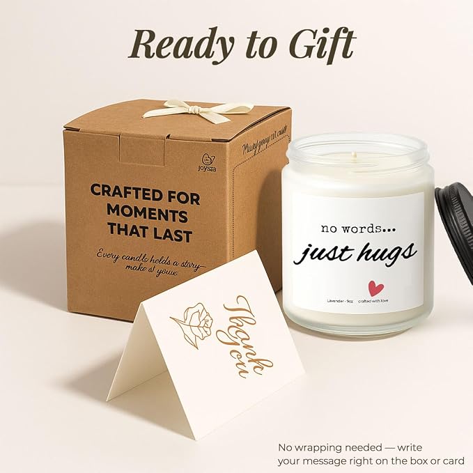 Sympathy Gifts for Loss of Loved One, Memorial Candle 9oz Lavender Scented Soy Candle, “No Words… Just Hugs” Remembrance & Bereavement Gift, Grief Gifts for Women, Condolence Gift, 50 Hour Burn, Bold