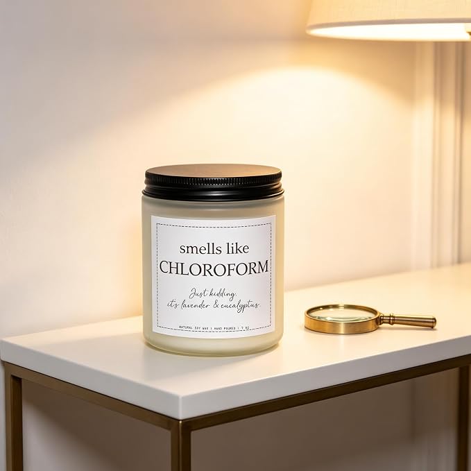 “Smells Like Chloroform” Candle, True Crime Gifts for Women, Stress Relief Gifts, Serial Killer Gift, Crime Junkie Merch, Lavender & Eucalyptus, 100% Soy Wax, 7OZ