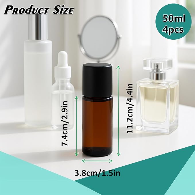 4Packs 50ml/1.76Oz Amber Glass Roller Bottles Refillable Roll On Containers with Plastic Roller Ball & Black Cap Leak-Proof Empty Essential Oil Bottles for DIY Perfume, Massage Oil, Aromatherapy