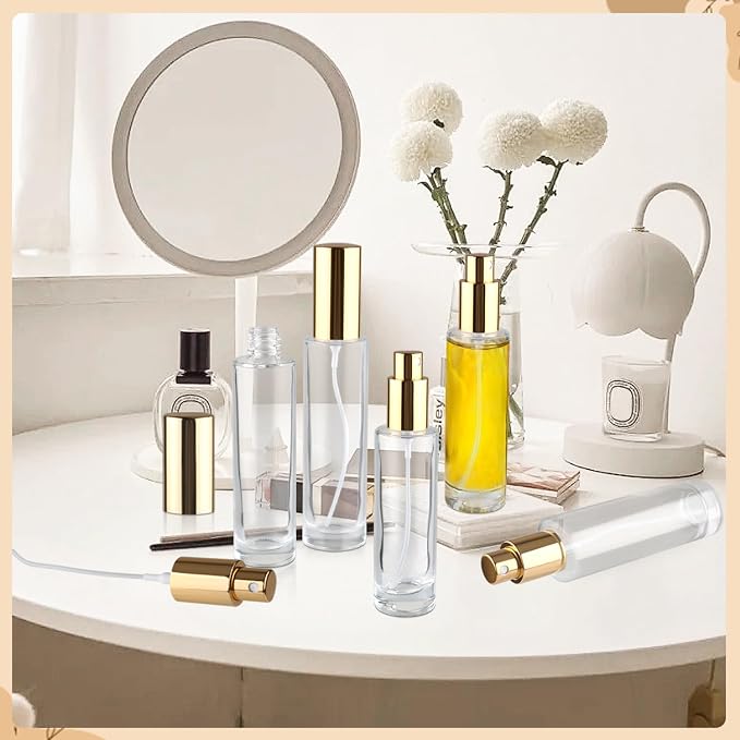6 Pcs 50ml/1.7oz Glass Spray Bottle Refillable Perfume Bottles with Atomizer & Golden Lid for Perfume Cleaning Products Essential Oils