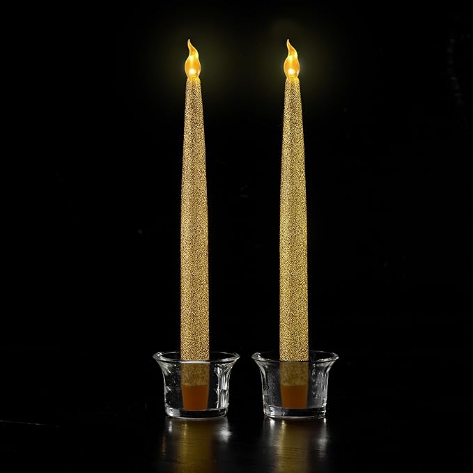 FURORA LIGHTING Flameless Gold Glitter Taper Candles, Amber Flicker, 6/18 Timer, Battery Operated — Ideal for Home décor and Holiday displays.