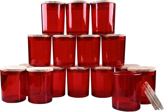 SHOWIN Thick Candle Jars for Making Candles 16 Pcs, 7 OZ Empty Jars with Wood Lids for Candle Making, Sample Container, Red