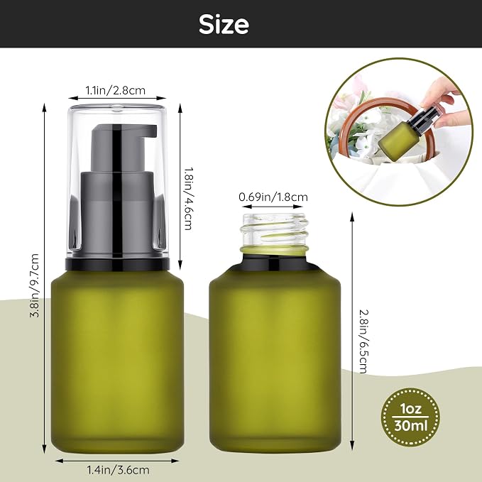 Segbeauty 1oz Frosted Glass Empty Travel Size Containers for Creams, 5pcs Refillable Lotion Pump Bottle Dispenser, 30ml Small Liquid Travel Containers, Green Mini Lotion Container Pump Dispensers