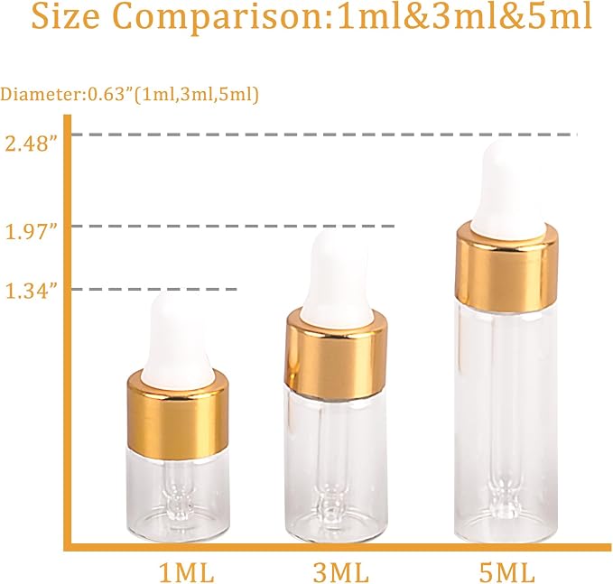 Sample Dropper Bottles, Mini Dropper Bottles with 2 Pcs Plastic Droppers for Traveling Essential Oils DIY Cosmetic Liquid Sample Perfume (Gold, 3ML)