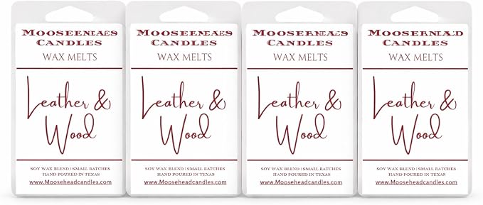4 Pack Leather & Wood Wax Melts – Mahogany Teakwood & Aged Cowboy Leather for a Luxurious Mountain Cabin Vibe Finally Back in Stock
