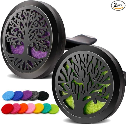 RoyAroma 2PCS Tree of Life Car Diffuser Aromatherapy Essential Oil Black Stainless Steel Locket with Vent Clip 12 Felt Pads