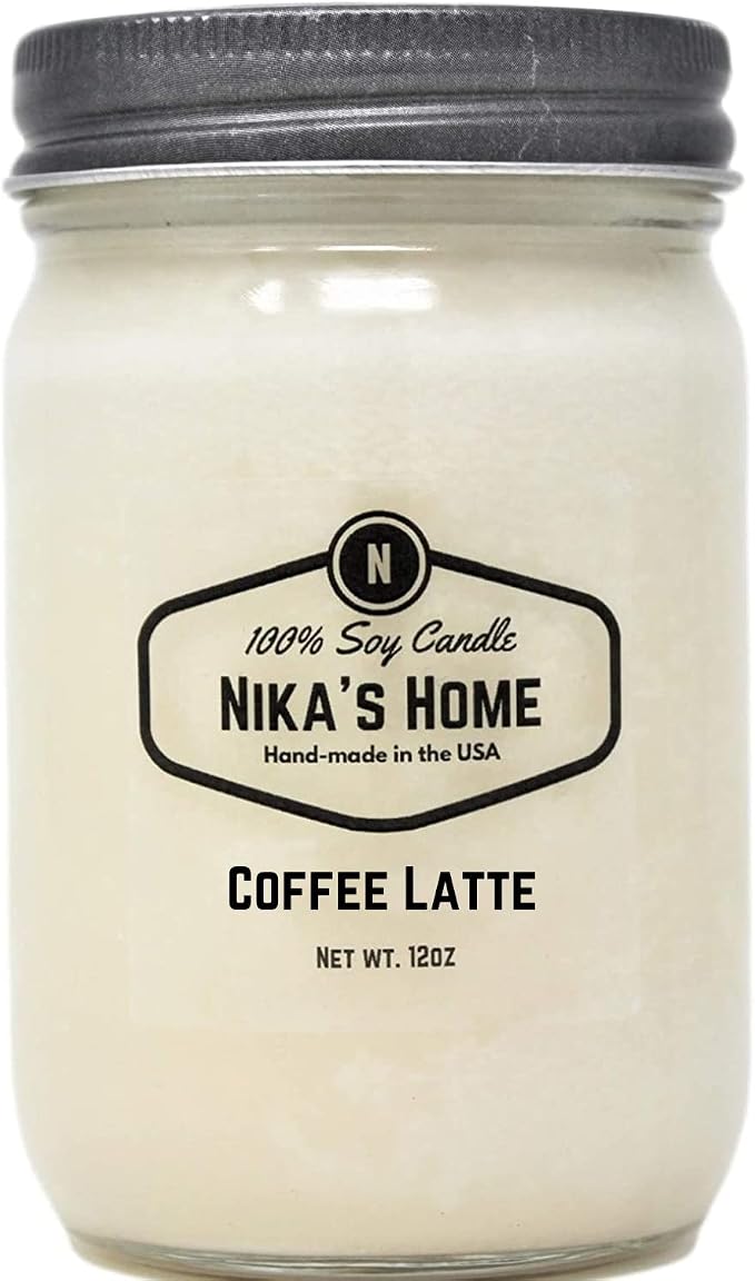 Nika's Home Coffee Latte Soy Candle - 12oz Mason Jar - Non-Toxic - Hand Poured in The USA, Long Burning 50-60 Hours Highly Scented All Natural, Clean Burning