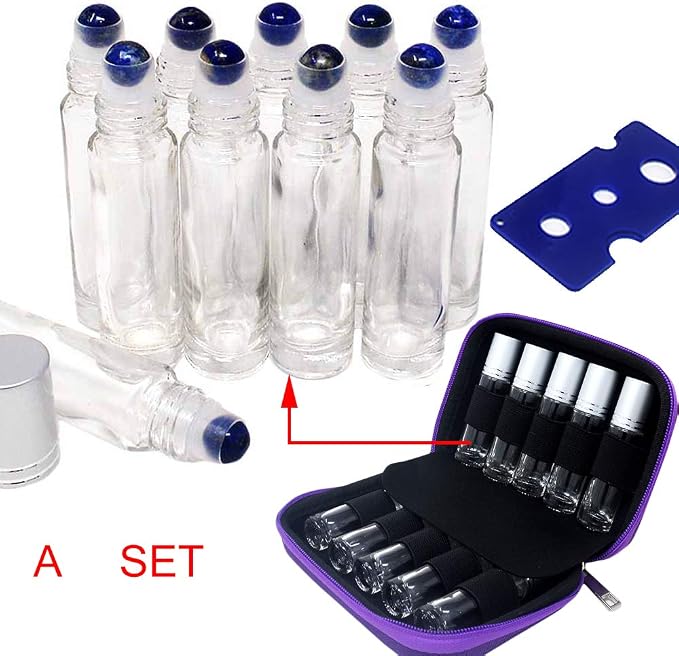 fengshuisale 10pcs Clear 10ml Empty Refillable Glass Bottles with Crystal Semiprecious Stones Essential Oil Gemstone Roller Ball Bottles with Silver Lid with Free Bag W3900 (Lapis)