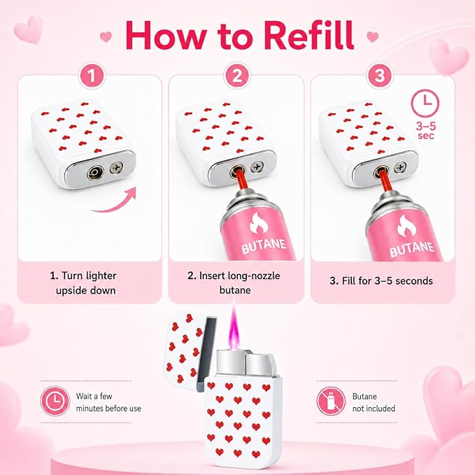 Pink Flame Torch Lighter Cute Heart Pattern Refillable Butane Windproof Pocket Lighter 60 × 35 × 11 mm Mini Portable Lighter for Women Candle BBQ Camping Kitchen Outdoor Use (Butane Not Included)