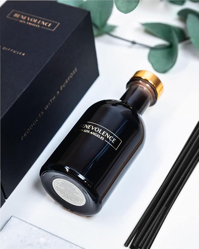 Benevolence LA Premium Lavender & Eucalyptus Reed Diffuser Set – Essential Oil Diffuser for Home & Bathroom – Up to 120-Day Fragrance with Rattan Sticks & Gift Box – Charcoal Glass Room Décor