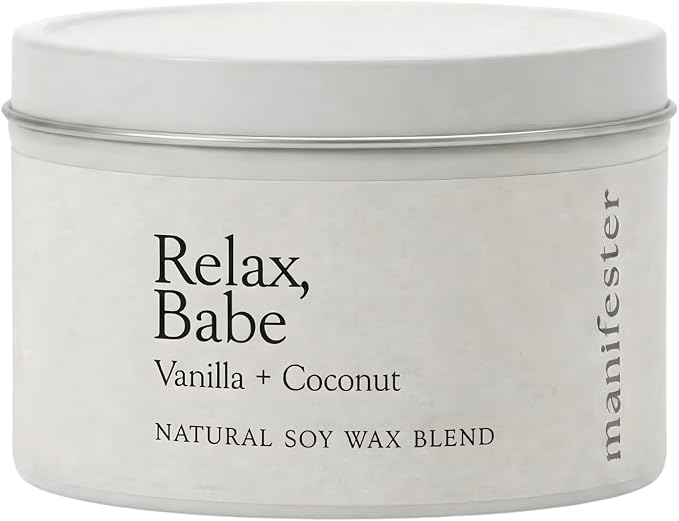 Natural Soy Wax Candle with Mantra – Clean Burn 100% Cotton Wick (No Lead or Zinc) – Phthalate-Free & Paraben-Free – Long-Lasting – Gift for Women – 6 oz (Relax, Babe Vanilla + Coconut)