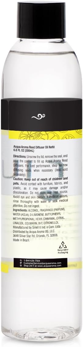 Acqua Aroma Lemon Verbena Reed Diffuser Oil Refill 6.8 FL OZ (200mL) Contains Essencial Oils.