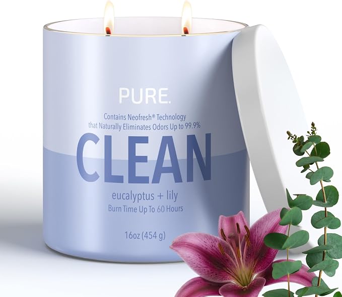 Candle-Lite Pure Eucalyptus & Lily Odor Eliminating Scented Candles, Neofresh Technology Eliminates 99.9% of Odors, 16 oz 2-Wick Jar, Proudly Poured in The USA, Up to 60 Hours Burn Time