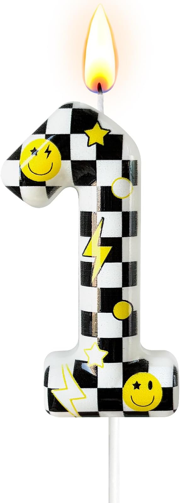 Number 1 Birthday Candle for Cake – Black White Checkered Smiley Face Design with Lightning & Star – One Happy Dude Theme Cake Topper for Birthday Party Decorations