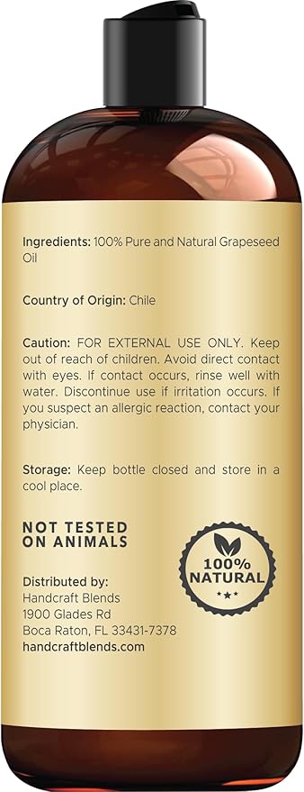 Handcraft Blends Grapeseed Oil | 100% Pure and Natural | Bath & Body Oil | Premium Grade Carrier Oil | Skin | Hair | Body | Massage | Cold-Pressed | Hexane-Free | 16 Fl Oz