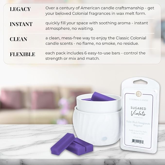 Colonial Candle Sugared Violets Scented Wax Melts, Wax Melt Warmer Cubes, Long Lasting Scented Wax Warmer Cubes, 4 Pack, 6 Cubes Each - Made in The USA