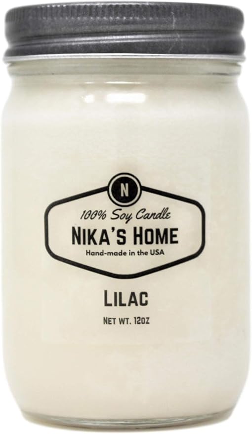 Nika's Home Lilac Soy Candle - 12oz Mason Jar - Non-Toxic - Hand Poured in The USA, Long Burning 50-60 Hours Highly Scented All Natural, Clean Burning