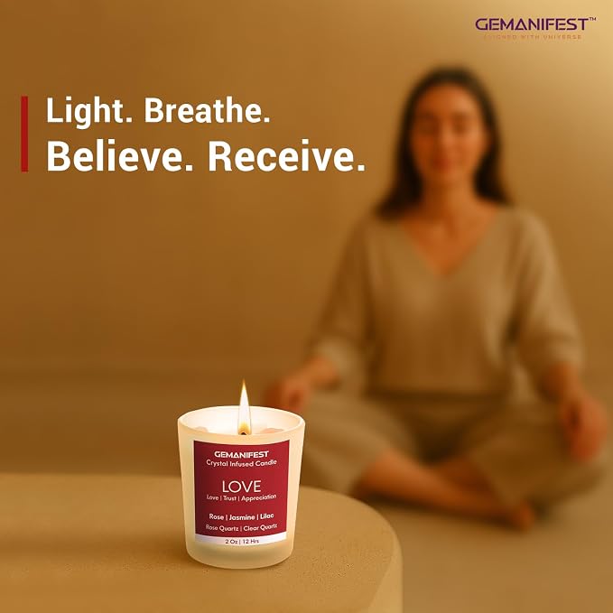 Love Manifestation Crystal Candle, Love Relationships Rose Jasmine Lilac Scented, Soy Candle, Valentine's Gift for Her/Him, Women's Wellness