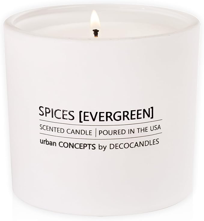 DECOCANDLES Spices & Evergreen Home Fragrance Candle, 12 Oz Soy Wax Blend Scented Candle, Long Burn Time