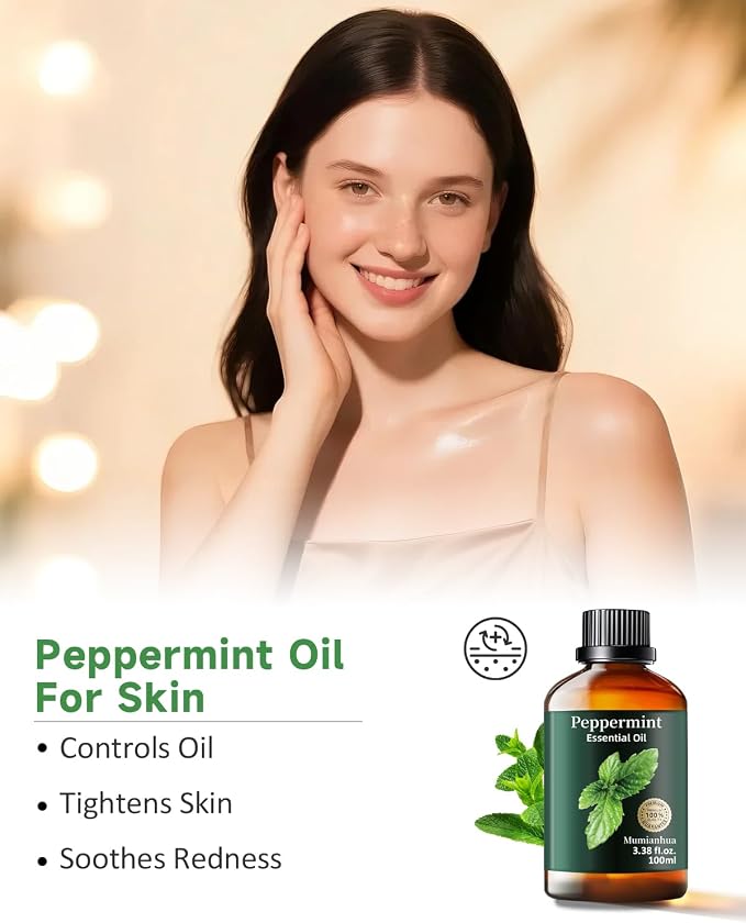 Peppermint Essential Oil, Pure Mumianhua Natural Oil for Energy Focus & Cooling Comfort, Aromatherapy for Diffuser, Outdoor Protective Barrier, Skin, Hair, Natural Cleaning – 3.38 Fl Oz