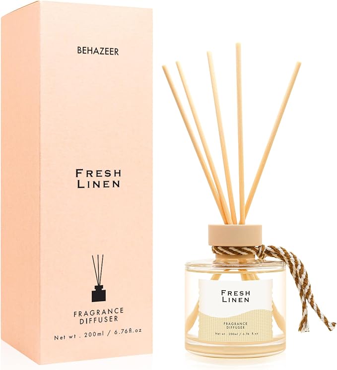 Linen Reed Diffuser, 6.77OZ/200ML Large Capacity Natural Non-Toxic Oil, Long-Lasting Fragrance Reed Diffusers Set for Home and Bathroom, Aroma with 5 Reed Diffuser Sticks