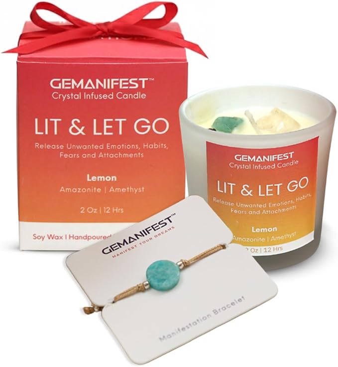 Lit and Let Go Manifestation Candle Lemon Scented Soy Crystal Candles with Amazonite Bracelet Letting Go New Beginnings Gifts Grief Divorce Gifts for Men Women