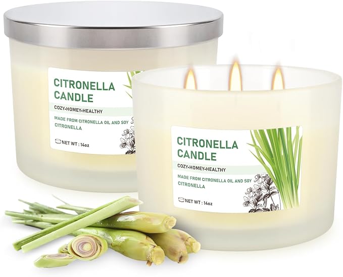 Citronella Candle Set of 2, 14oz Frosted Jar Triple-Wick, Clean & Smokeless for Outdoor Patio, Garden, Deck, Porch Ambiance with Natural Citronella Scent