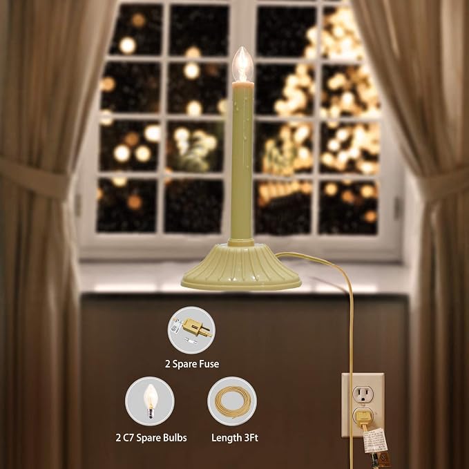 GOOTHY 1 Light Electric Window Candles, 2 Pack Christmas Candle Lights with 4 C7 Clear Bulbs(2 Spare), Plug in Electric Candles for Window Christmas Weddings Home Table Decorotions, Ivory -2 Pack