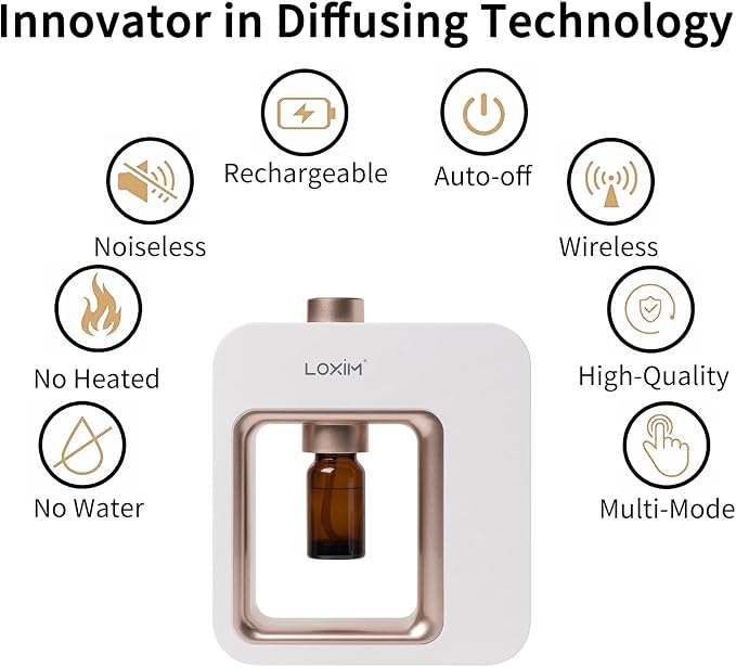 LOXIM Essential Oil Diffusers, Waterless Aromatherapy Diffuser, Nebulizing Technology Aroma Scent Machine, Super Quiet, Heatless, Portable, Rechargble for Home Living Room Office (White Gold)