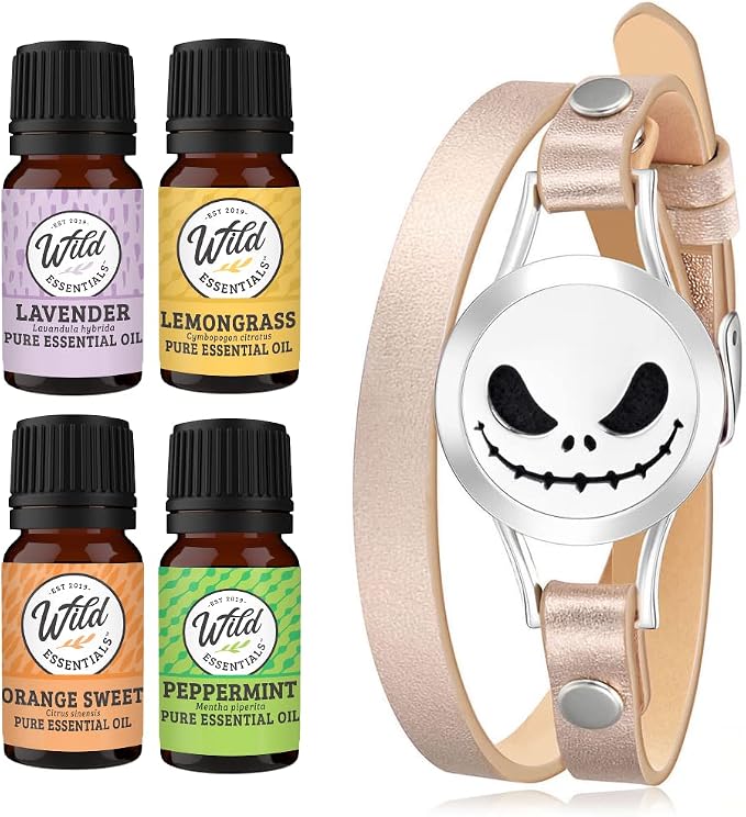 Wild Essentials Jack Skullington Essential Oil Leather Wrap Bracelet Diffuser Gift Set, Lavender, Lemongrass, Peppermint, Orange Oils, 12 Pads, Customize Color Changing Perfume Jewelry, Aromatherapy