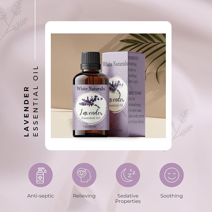 White Naturals Premium Lavender Essential Oil - for Hair Skin and Nails -Organic Lavender Aromatherapy Oil for Diffusers Humidifiers and Linens Plus Natural Bath Oil for Home Spa Self Care