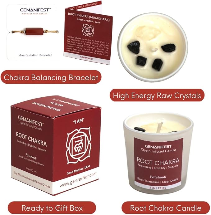 Root Chakra Meditation Candle with Red Jasper Energy Healing Bracelet Patchouli Crystal Candles for Protection Stability and Grounding Best Spiritual Meditation Gifts for Women and Men