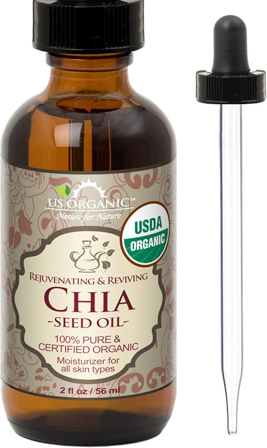 US Organic Chia Seed Oil, Certified Organic, Pure & Natural, Cold Pressed Virgin, Unrefined, Sourced from Paraguay, in Amber Glass Bottle w/Glass Eyedropper for Easy Application (2 oz (56 ml))