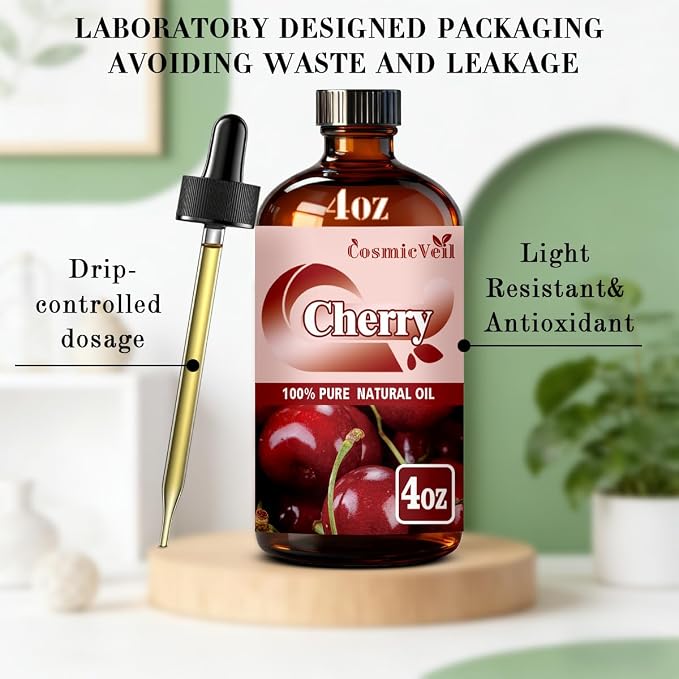 Cherry Essential Oil Cherry Oil for Aroma Diffuser,Humidifier,Home Fragrance,Cleaning,Body Care,Massage,Yoga,DIY Candle,DIY Soap CosmicVeil（Cherry，4 Fl Oz (Pack of 1)）