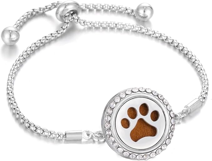 Dog Paw Print Essential Oil Diffuser Bracelet for Dog Lover Stainless Steel Puppy CZ Aromatherapy Locket Scent Bracelet with 10 Refill Pads