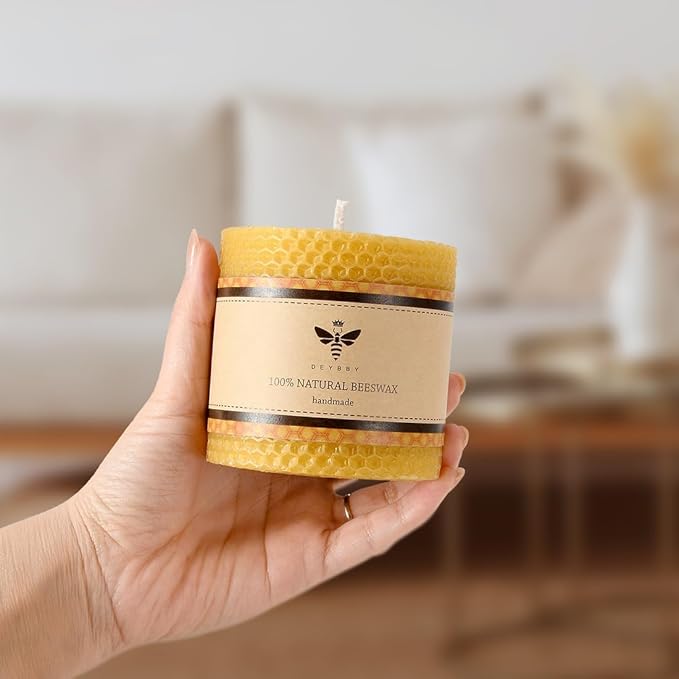 DEYBBY 3×3 in Beeswax Pillar Candle - Handmade Pure Organic Beeswax Honeycomb Rolled Candle for Home Study Decor Housewarming GFT
