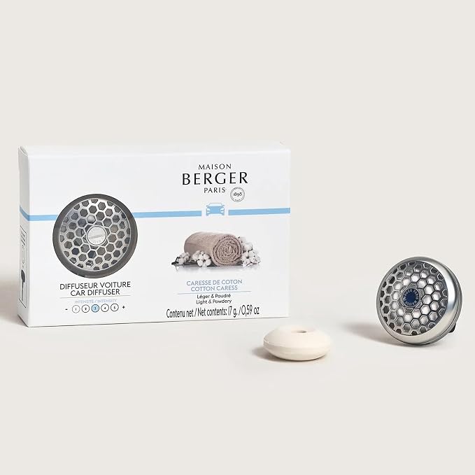 MAISON BERGER Car Diffuser Set, Cotton Caress | Clean Powdery Cotton Notes, Refillable Vent Clip with Ceramic Refill, Passive 4-Week Diffusion, Made in France