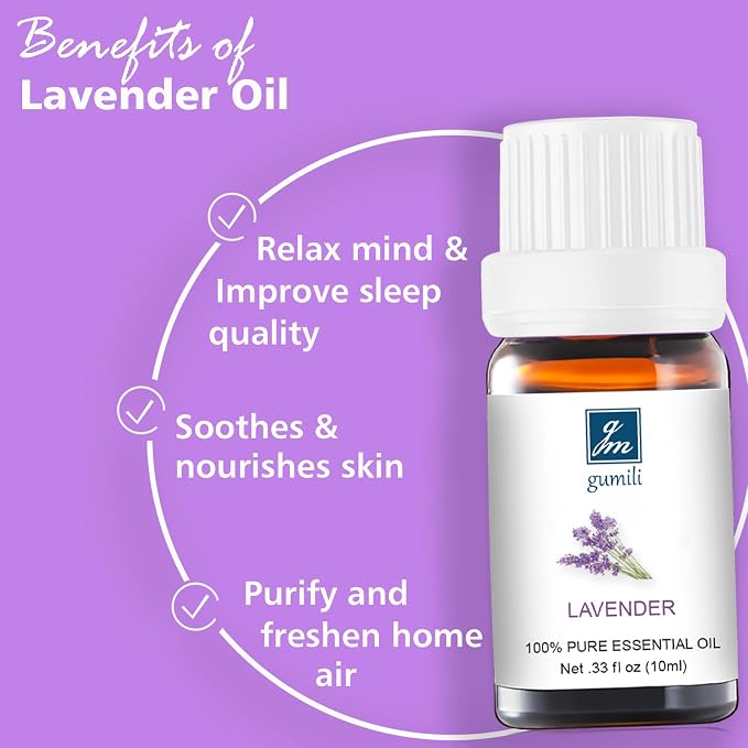 GM Gumili Lavender Essential Oil - Pure Organic Lavender Oil for Skin, Hair, Diffuser, Spray, Roll On, Body Massage - Floral Scent, 10mL