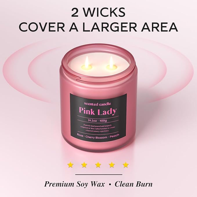 CHILLFLAME Candles for Women, 14.1 oz Scented Candles for Home, 2 Wicks Blended Scents Birthday Candles Gifts for Mom, Wife, Teachter, Girlfriend (Rose+Cherry Blossom+Peach)