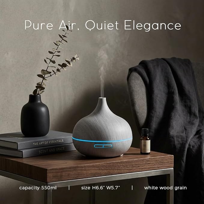 550ml Essential Oil Diffusers with Remote Control, Ultrasonic Oil Diffuser with Timer，7 Color LED Night Light and Waterless Auto-Off Functions for Home, Spa White Wood Grain
