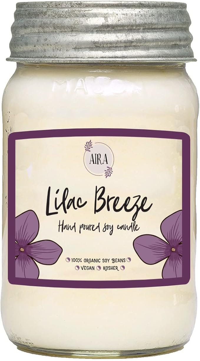 Aira Soy Candles - Organic, Kosher, Vegan, in Mason Jar w/Therapeutic Grade Essential Oils - Hand-Poured 100% Soy Candle Wax - Paraffin Free Burns 110+ Hours - Spring Candle Lilac Breeze - 16 Ounces