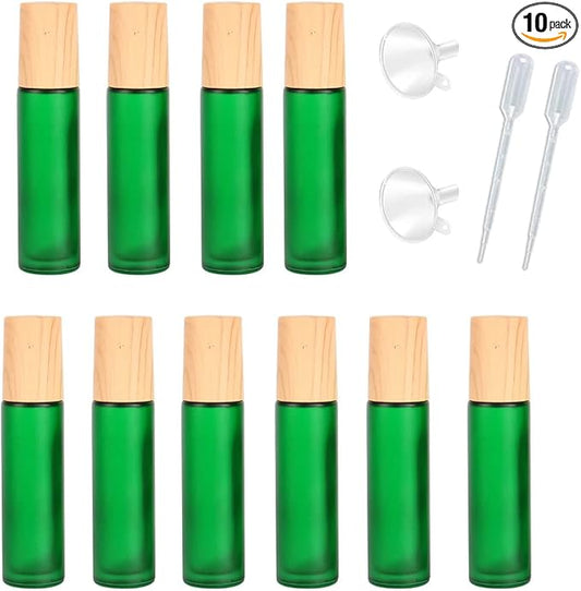 10 Pcs Frosted Glass Essential Oils Roll on Bottles,10ml Refillable Massage Roller Bottles Perfume Bottles with Stainless Steel Ball Wood Grain Cap Empty Travel Roller Essential Oils Vials(Green)