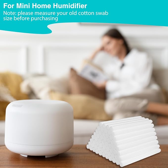 Cotton Humidifier Filter Sticks (60PCS) - 0.3" Universal Fits Mini Diffusers, Rapid Absorption Replacement Wicks for Cool Mist USB Humidifiers in Home, Bedroom, Office (White, 0.3"×4")